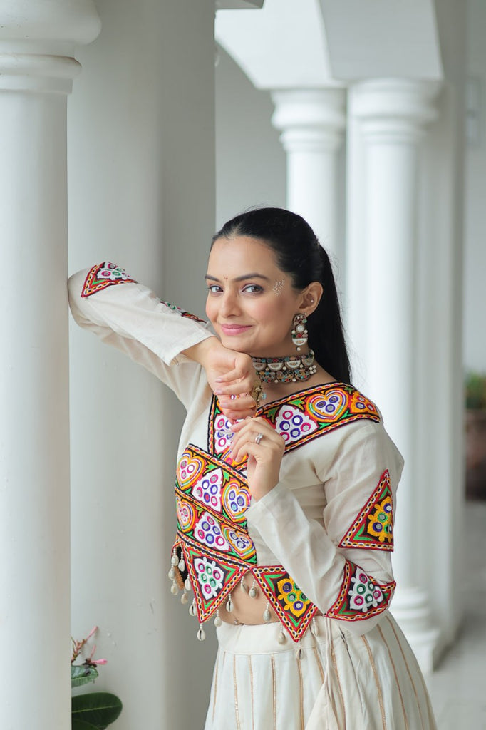 Off White Navratri Special Cotton Lehenga Choli Set with Gota Patti & Gamthi Embroidery ClothsVilla