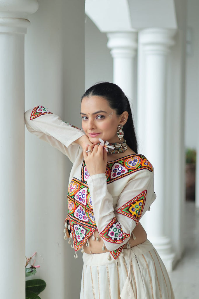 Off White Navratri Special Cotton Lehenga Choli Set with Gota Patti & Gamthi Embroidery ClothsVilla