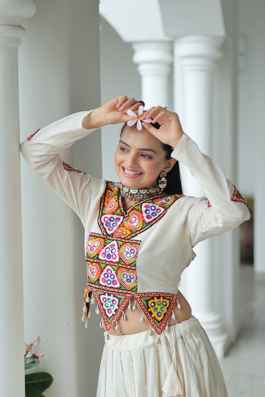 Off White Navratri Special Cotton Lehenga Choli Set with Gota Patti & Gamthi Embroidery ClothsVilla