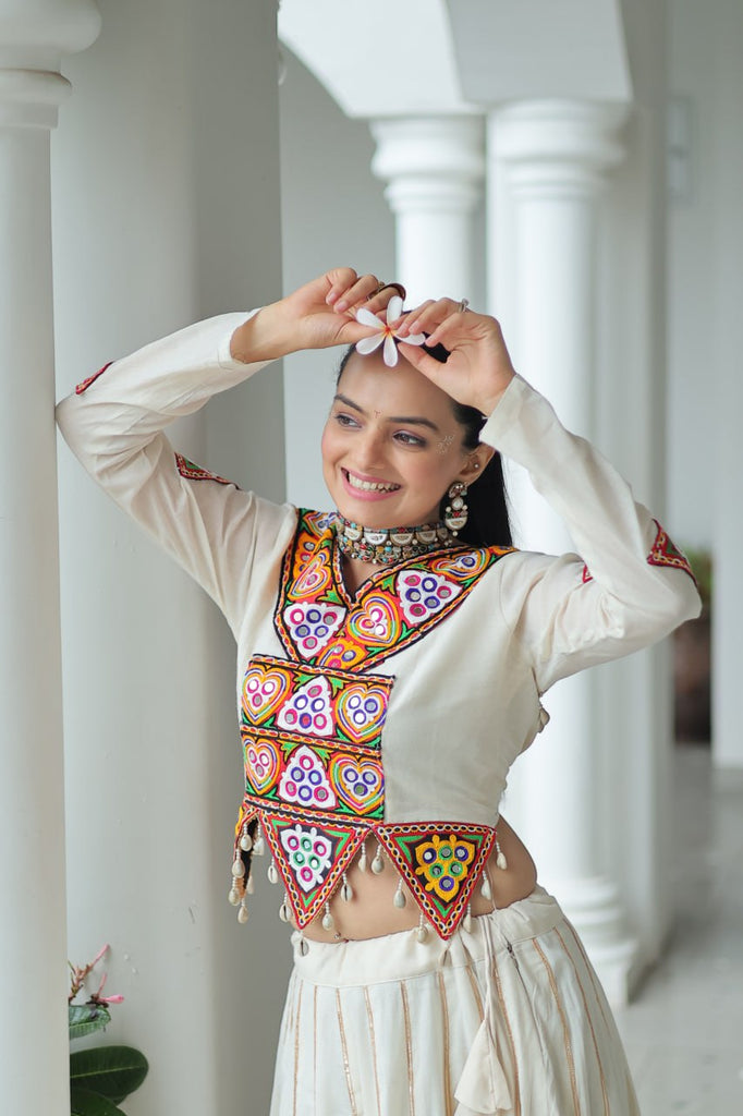 Off White Navratri Special Cotton Lehenga Choli Set with Gota Patti & Gamthi Embroidery ClothsVilla