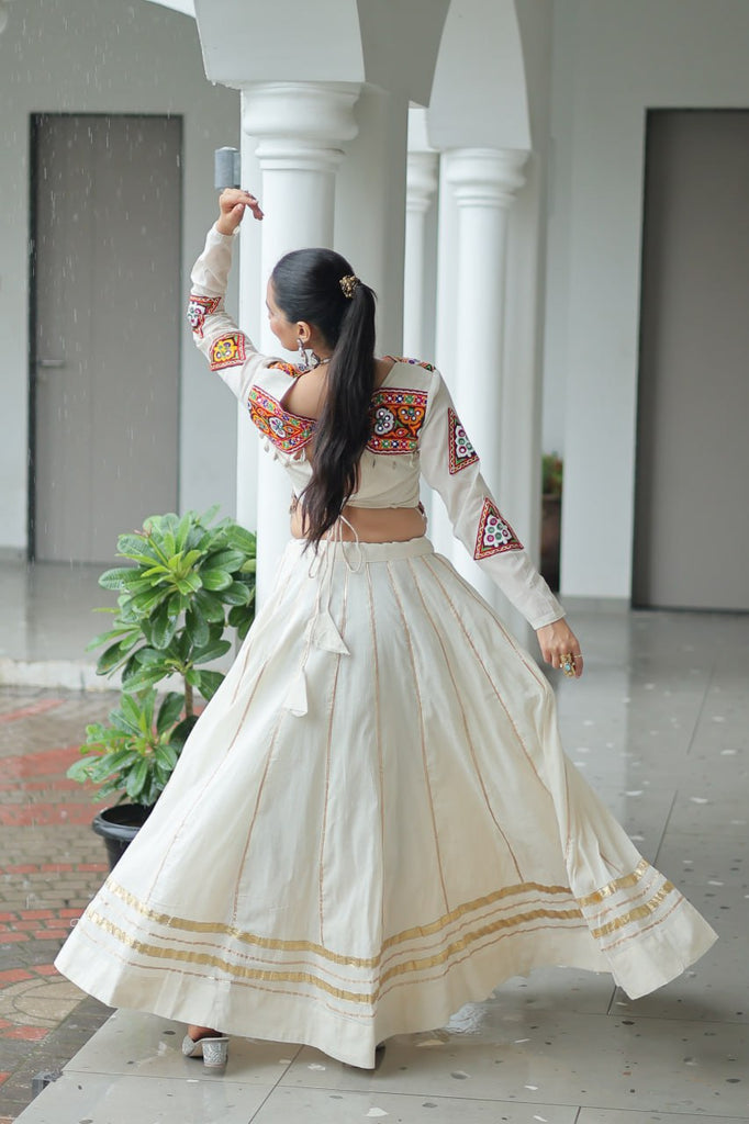 Off White Navratri Special Cotton Lehenga Choli Set with Gota Patti & Gamthi Embroidery ClothsVilla