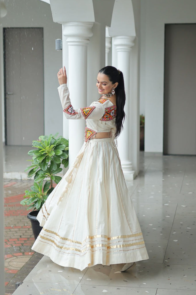 Off White Navratri Special Cotton Lehenga Choli Set with Gota Patti & Gamthi Embroidery ClothsVilla