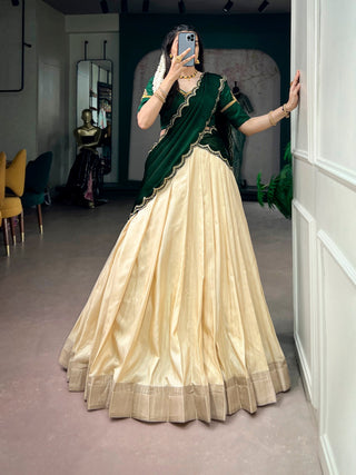Off White Onam Special Tasar Lehenga Set ClothsVilla