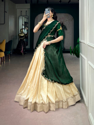 Off White Onam Special Tasar Lehenga Set ClothsVilla