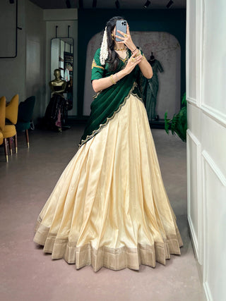 Off White Onam Special Tasar Lehenga Set ClothsVilla