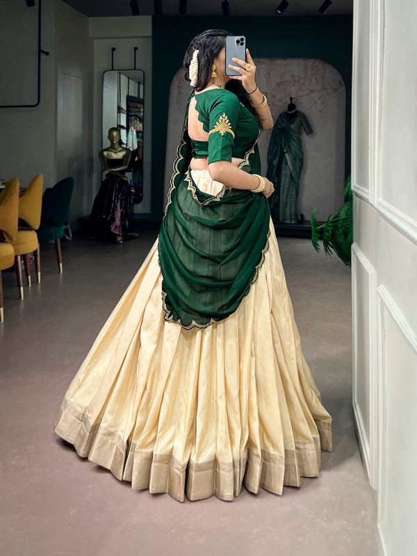 Off White Onam Special Tasar Lehenga Set ClothsVilla