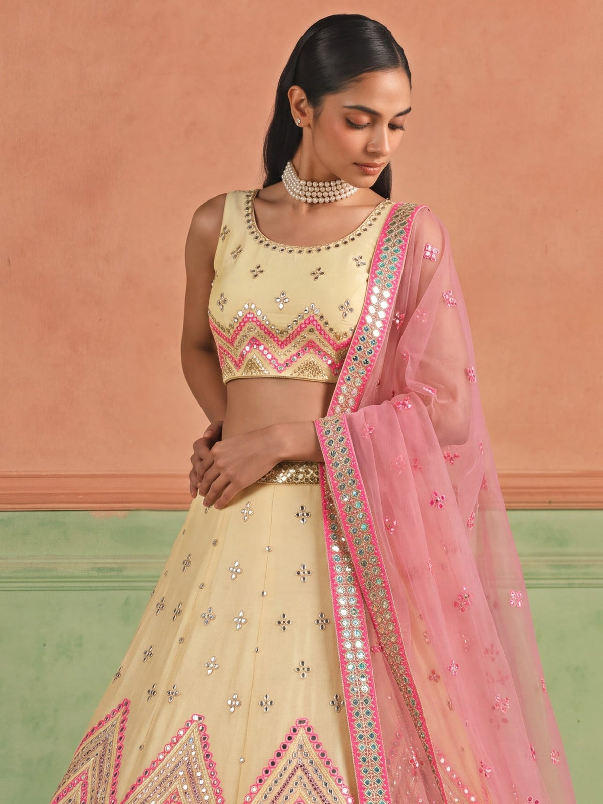 Off White Organza Embroidered Foil Mirror Work Lehenga Choli Clothsvilla