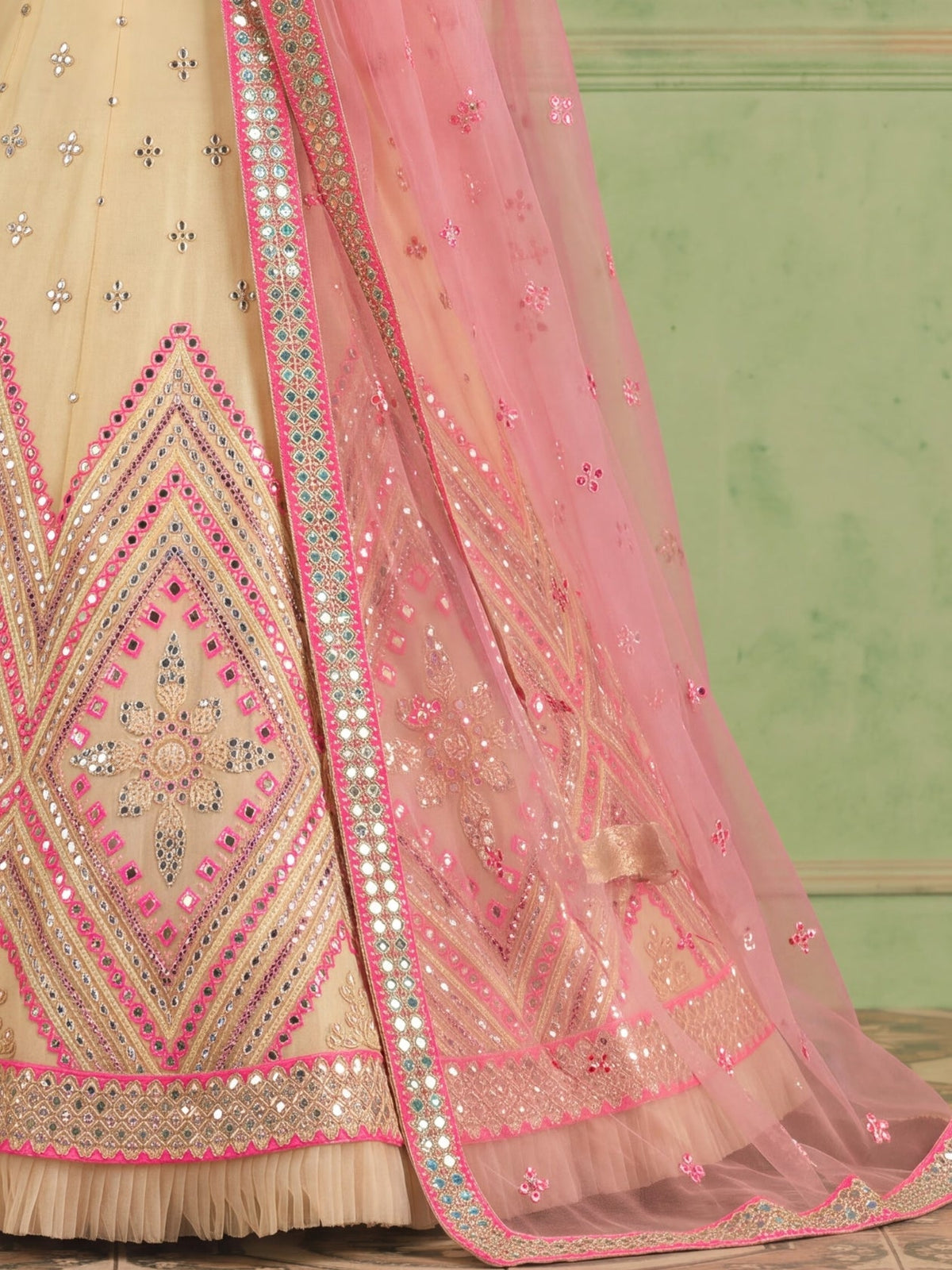 Off White Organza Embroidered Foil Mirror Work Lehenga Choli Clothsvilla