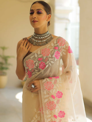 Off White Organza Silk Saree with Resham Floral Embroidery ClothsVilla