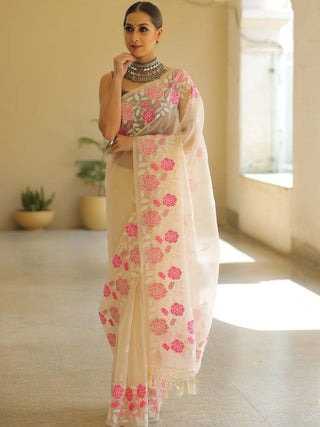 Off White Organza Silk Saree with Resham Floral Embroidery ClothsVilla