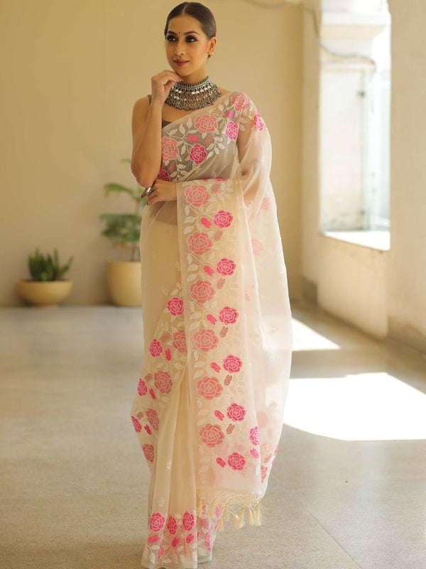 Off White Organza Silk Saree with Resham Floral Embroidery ClothsVilla