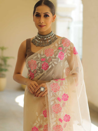 Off White Organza Silk Saree with Resham Floral Embroidery ClothsVilla