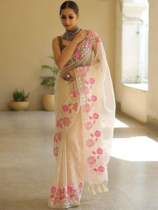 Off White Organza Silk Saree with Resham Floral Embroidery ClothsVilla