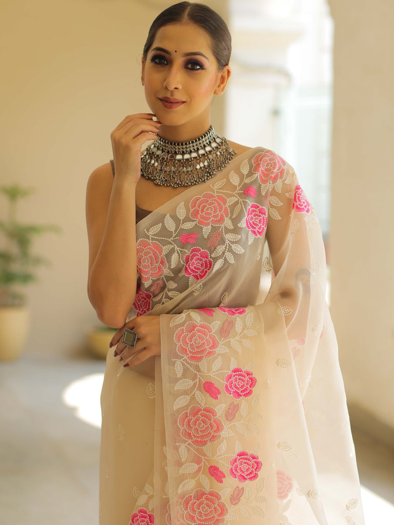 Off White Organza Silk Saree with Resham Floral Embroidery ClothsVilla