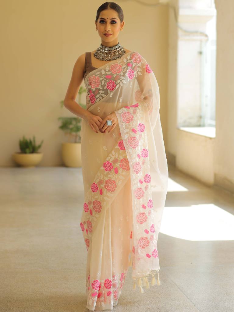 Off White Organza Silk Saree with Resham Floral Embroidery Secondary image