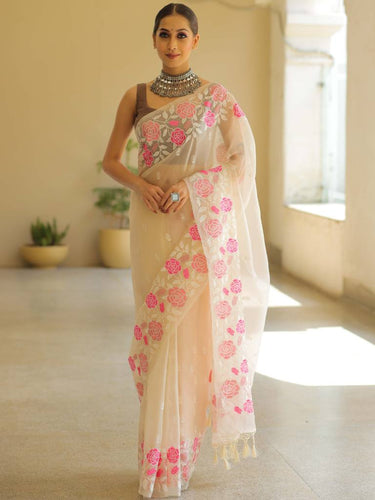 Off White Organza Silk Saree with Resham Floral Embroidery ClothsVilla