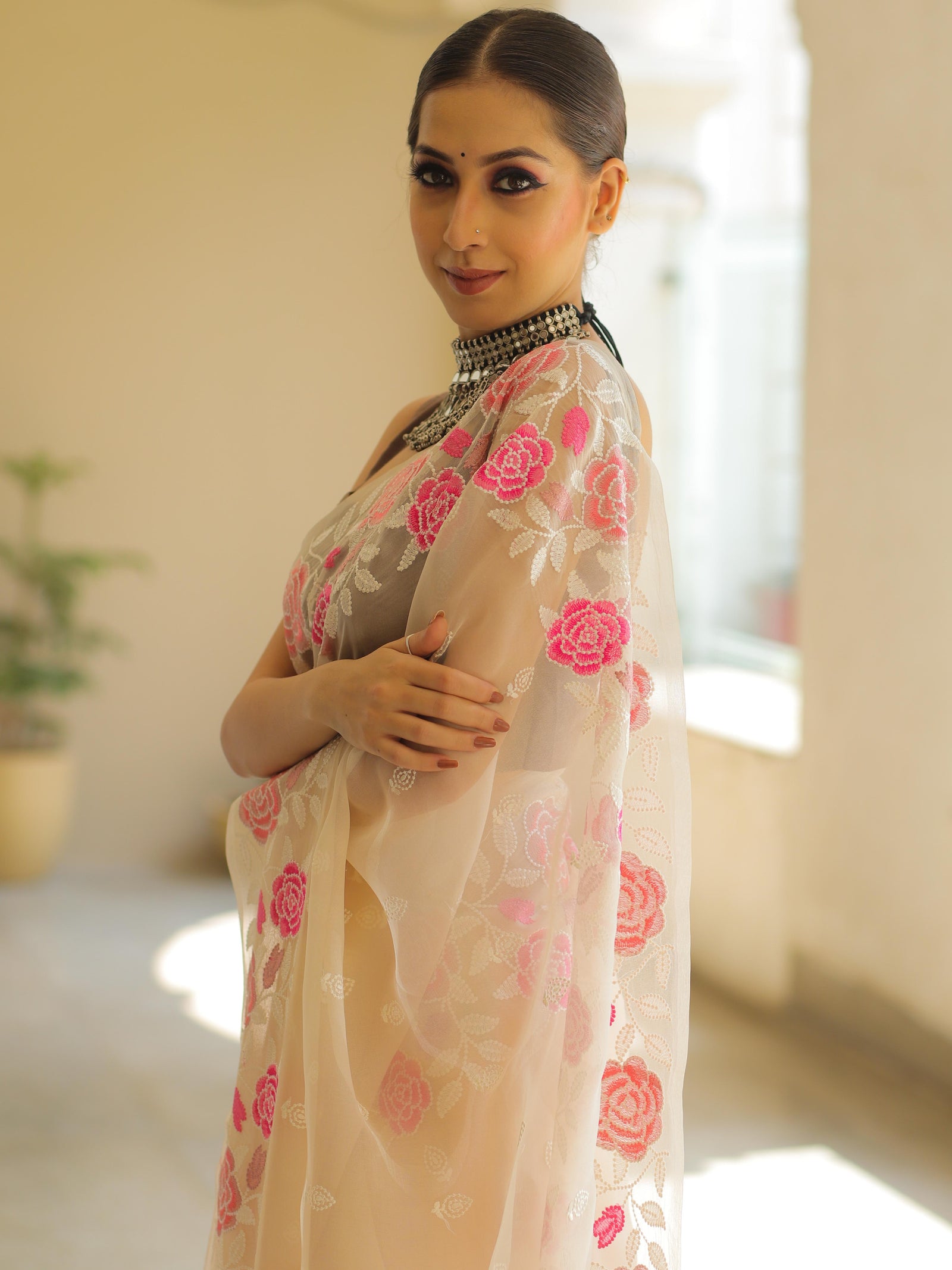 Off White Organza Silk Saree with Resham Floral Embroidery ClothsVilla