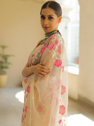 Off White Organza Silk Saree with Resham Floral Embroidery ClothsVilla