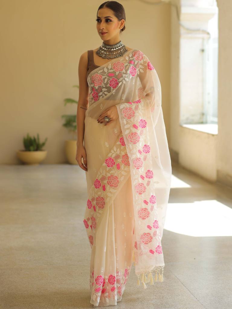 Off White Organza Silk Saree with Resham Floral Embroidery ClothsVilla