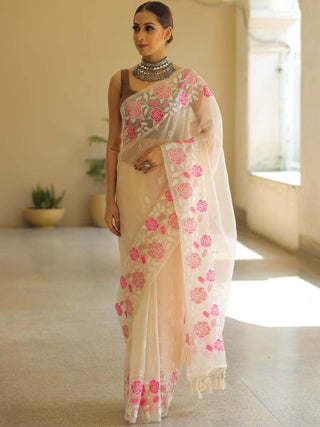 Off White Organza Silk Saree with Resham Floral Embroidery ClothsVilla