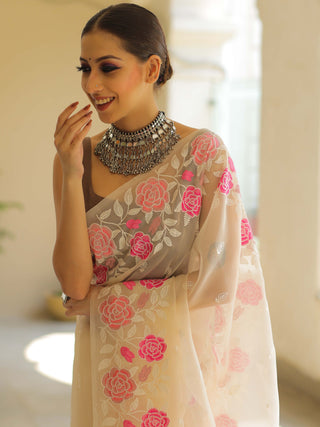 Off White Organza Silk Saree with Resham Floral Embroidery ClothsVilla