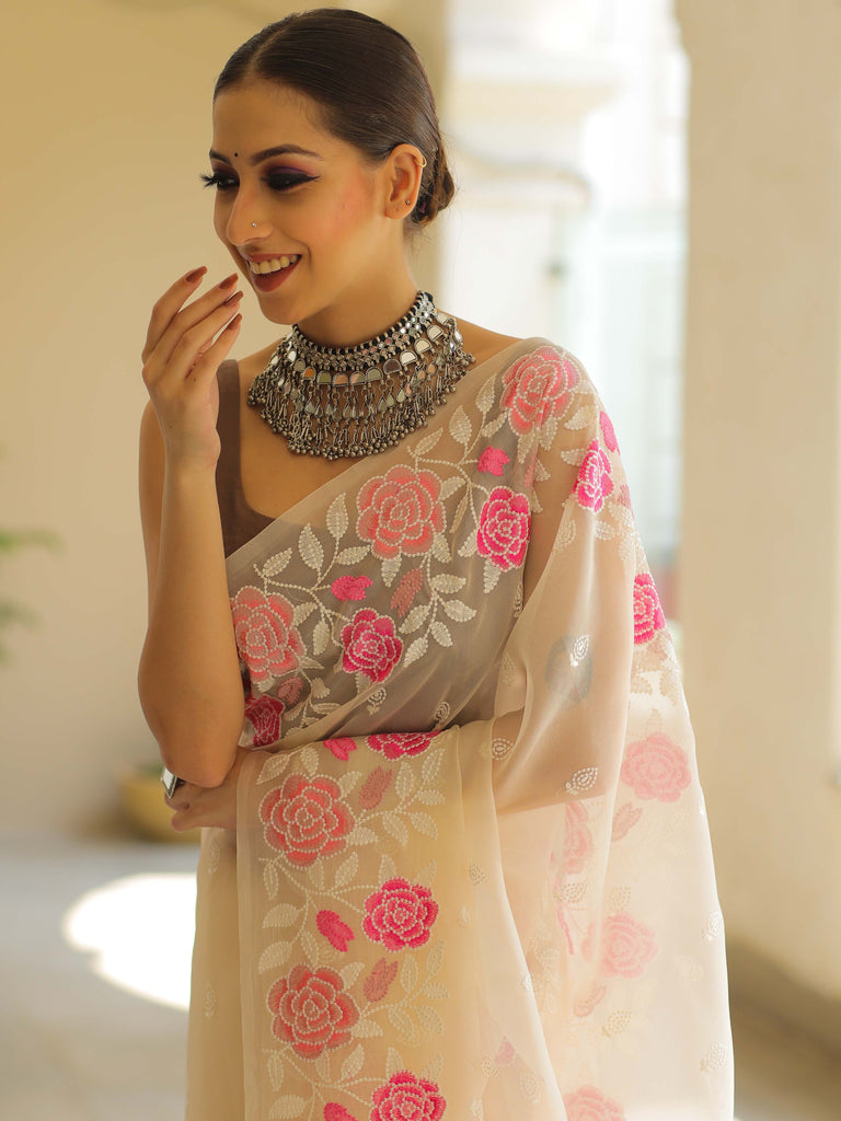 Off White Organza Silk Saree with Resham Floral Embroidery ClothsVilla