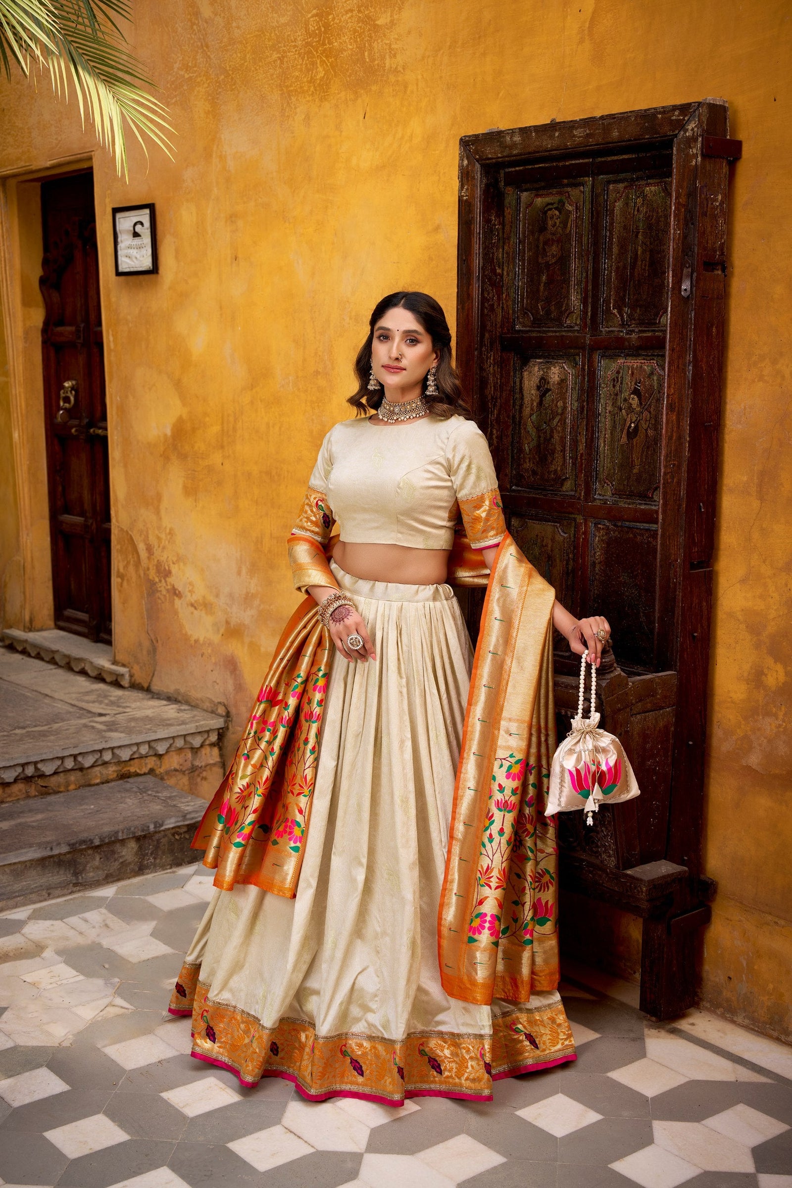Off White Paithani Lehenga Set with Batwa ClothsVilla
