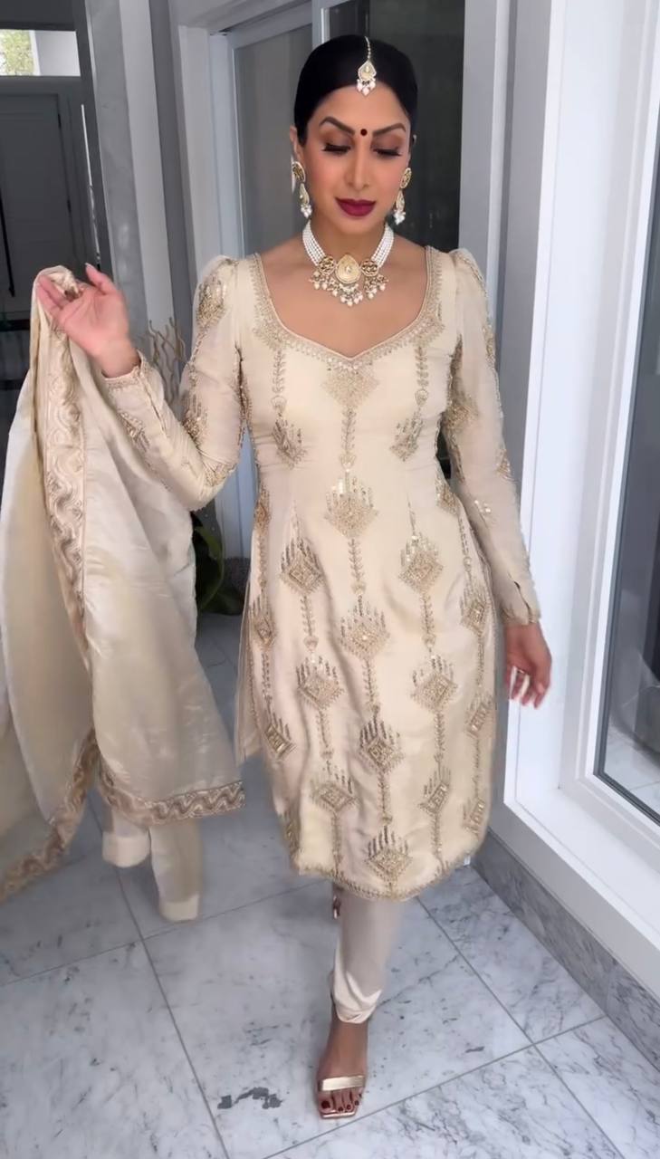 Off White Premium Designer Party Wear Chinon Silk Top, Bottom & Dupatta Set ClothsVilla