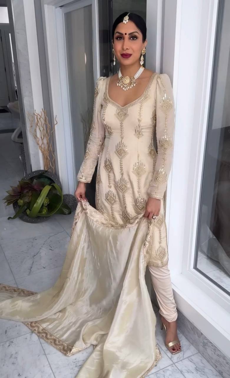 Off White Premium Designer Party Wear Chinon Silk Top, Bottom & Dupatta Set ClothsVilla