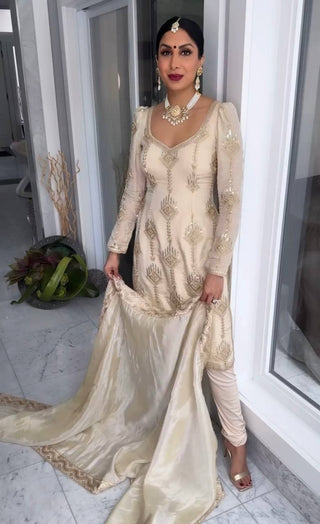Off White Premium Designer Party Wear Chinon Silk Top, Bottom & Dupatta Set ClothsVilla