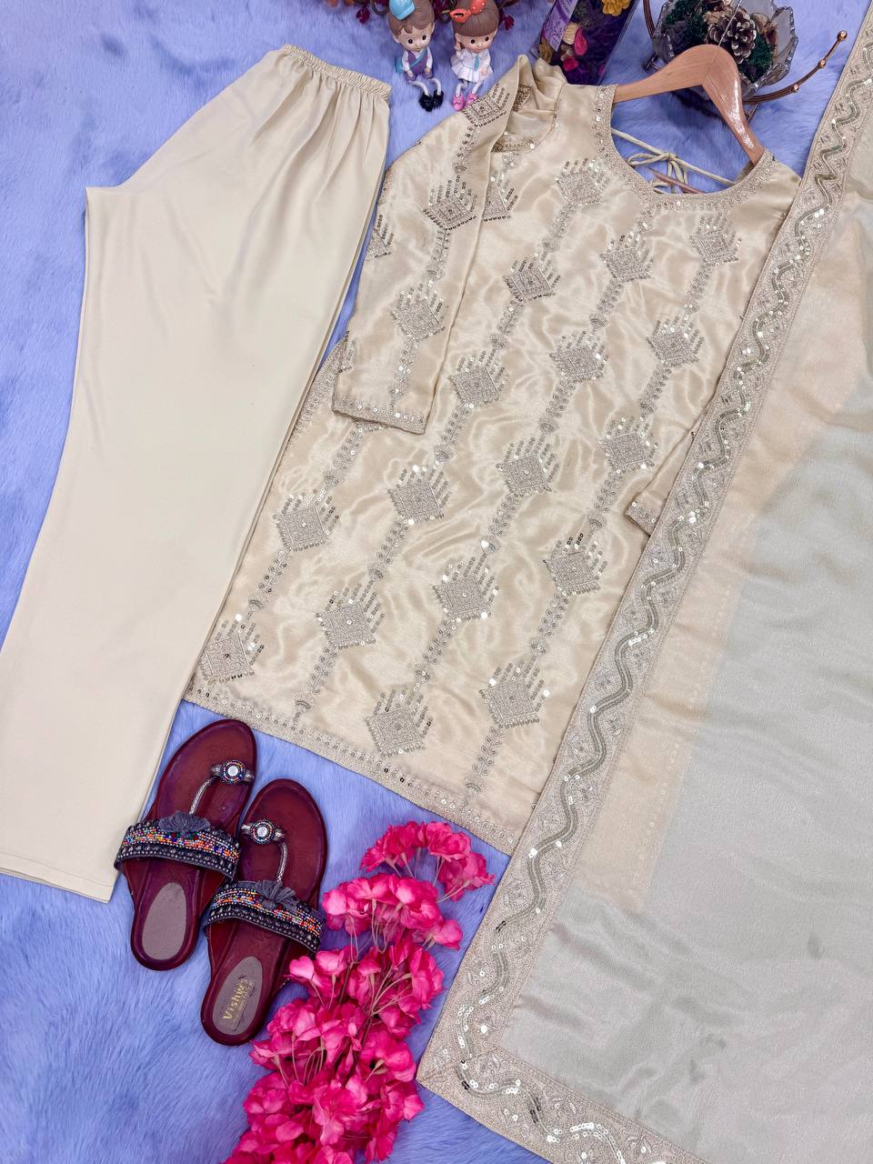 Off White Premium Designer Party Wear Chinon Silk Top, Bottom & Dupatta Set ClothsVilla