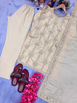 Off White Premium Designer Party Wear Chinon Silk Top, Bottom & Dupatta Set ClothsVilla