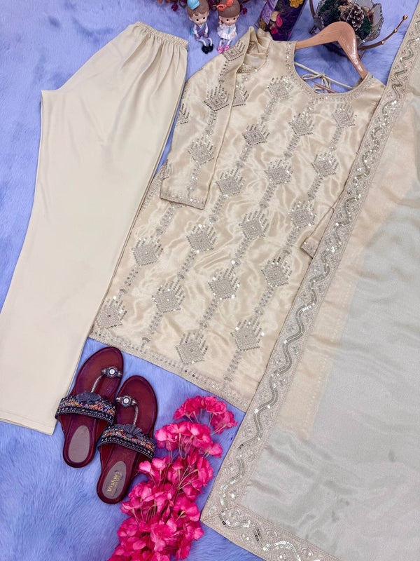 Off White Premium Designer Party Wear Chinon Silk Top, Bottom & Dupatta Set ClothsVilla
