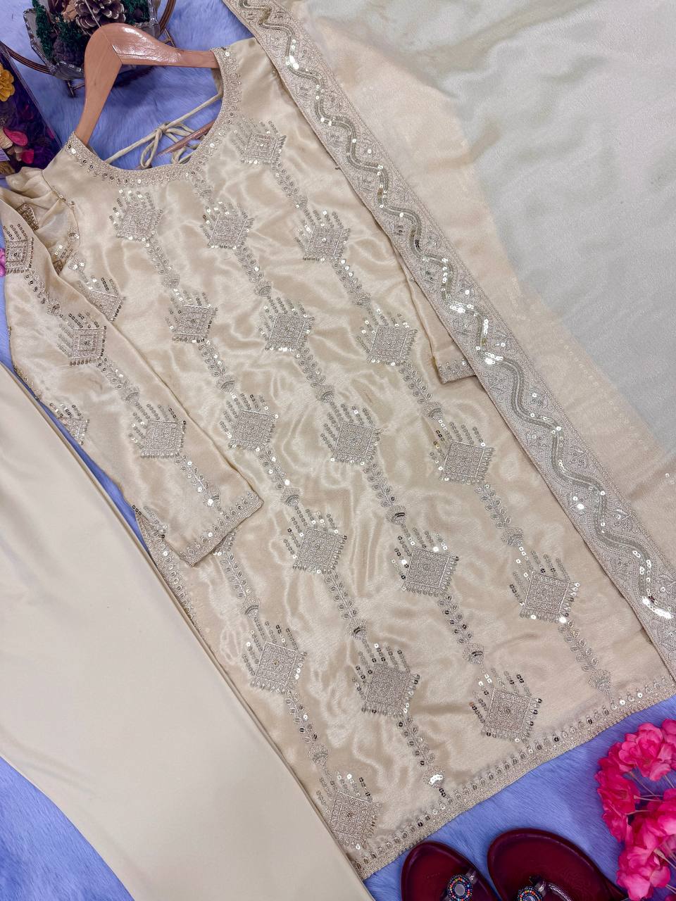 Off White Premium Designer Party Wear Chinon Silk Top, Bottom & Dupatta Set ClothsVilla