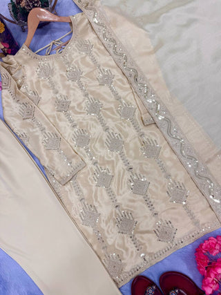 Off White Premium Designer Party Wear Chinon Silk Top, Bottom & Dupatta Set ClothsVilla