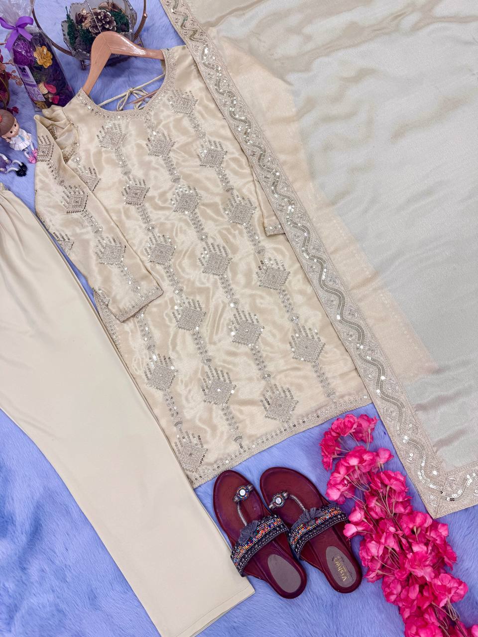 Off White Premium Designer Party Wear Chinon Silk Top, Bottom & Dupatta Set ClothsVilla