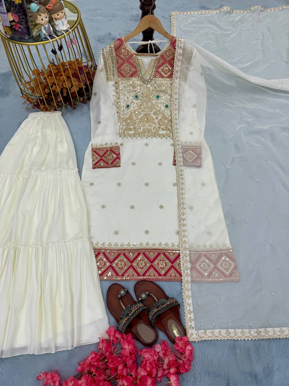 Off White Premium Designer Readymade Top Sharara Plazzo & Dupatta Collection