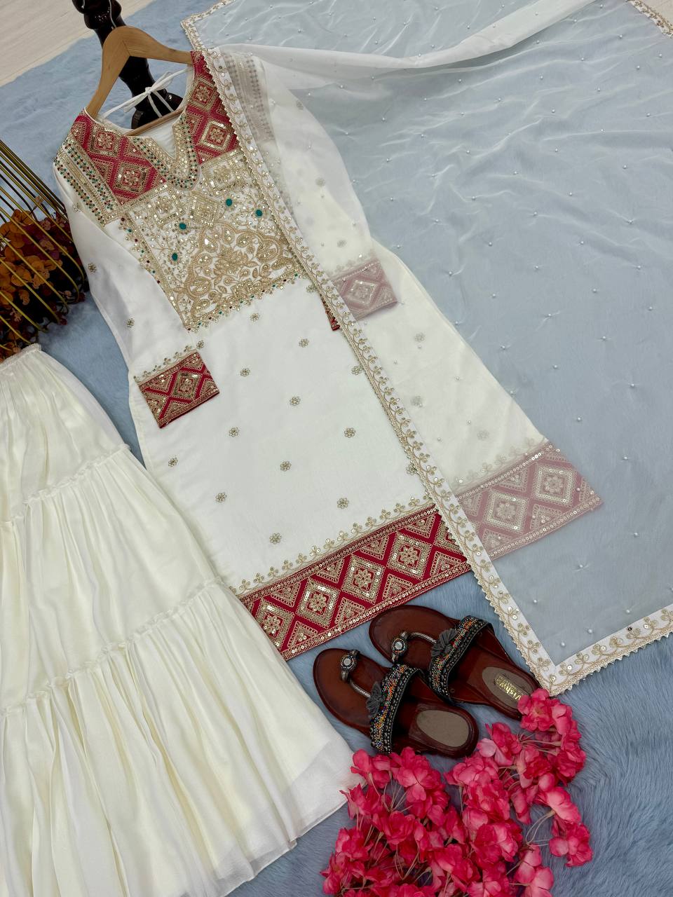 Off White Premium Designer Readymade Top Sharara Plazzo & Dupatta Collection