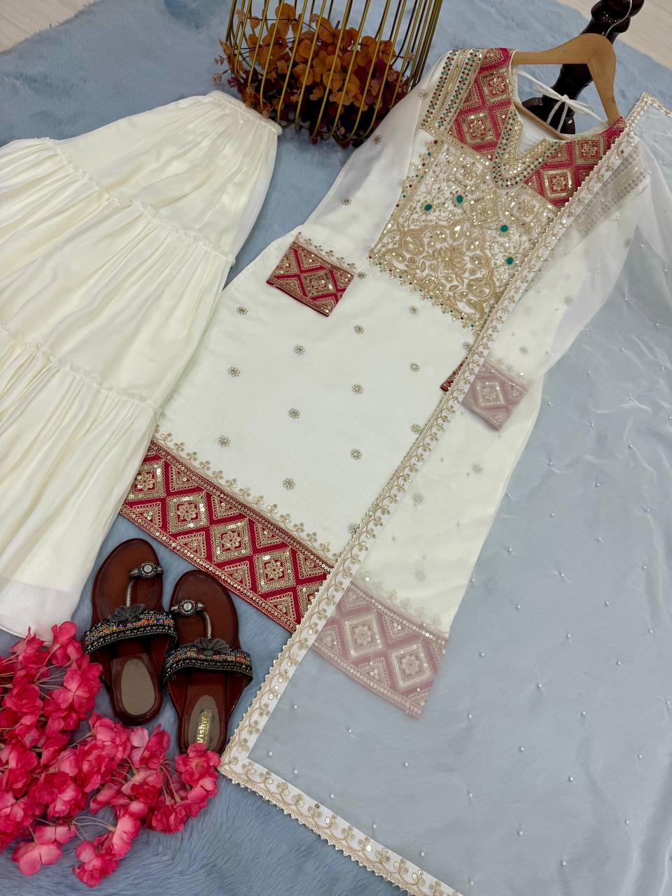 Off White Premium Designer Readymade Top Sharara Plazzo & Dupatta Collection