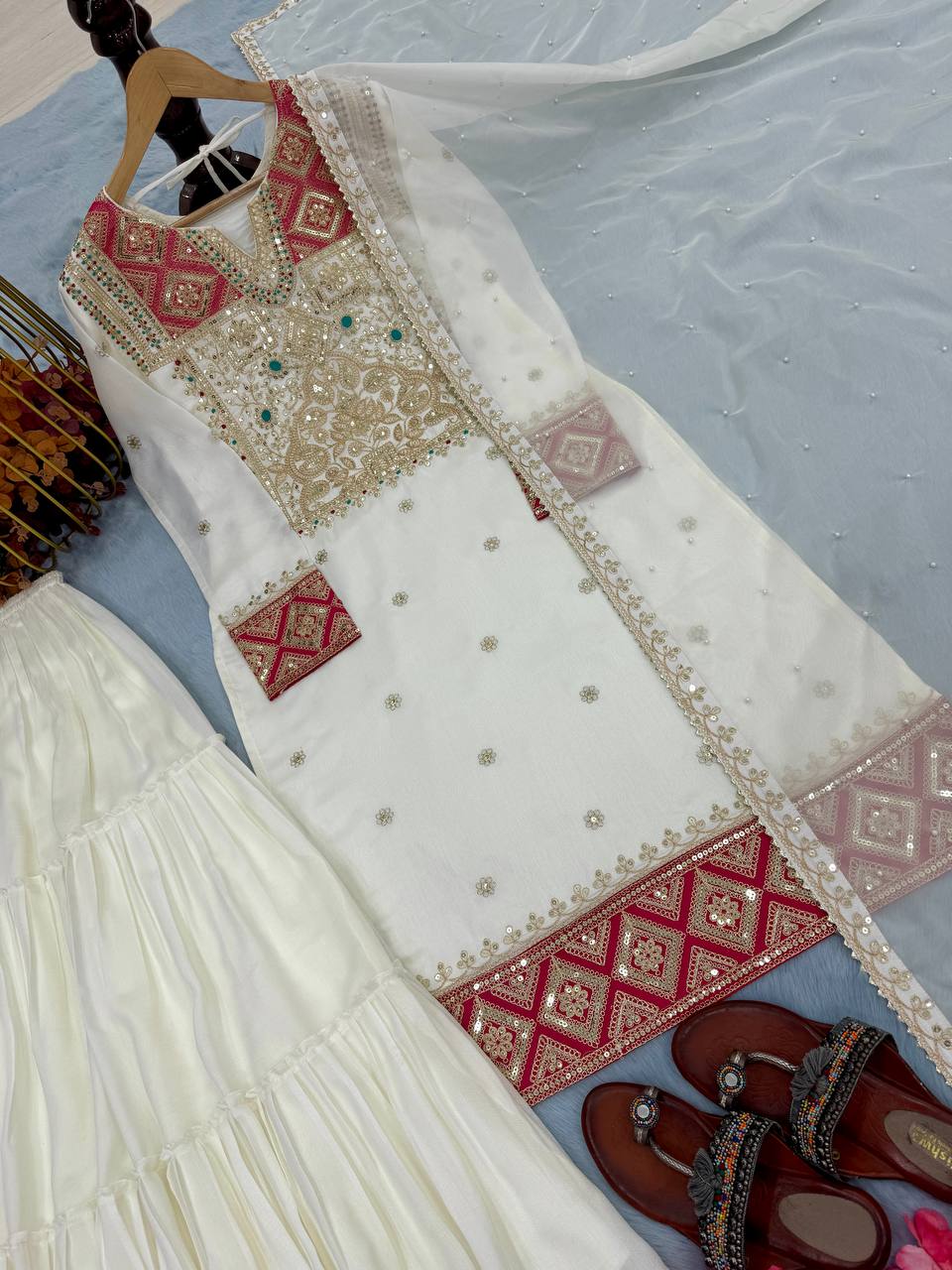 Off White Premium Designer Readymade Top Sharara Plazzo & Dupatta Collection