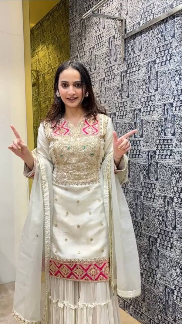 Off White Premium Designer Readymade Top Sharara Plazzo & Dupatta Collection