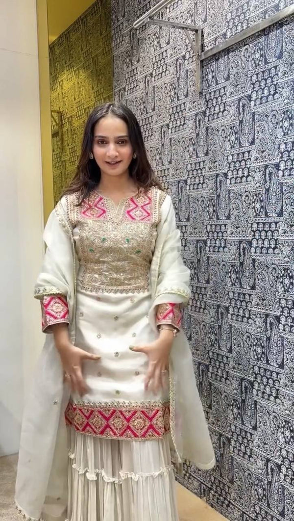 Off White Premium Designer Readymade Top Sharara Plazzo & Dupatta Collection