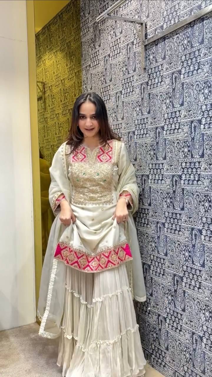Off White Premium Designer Readymade Top Sharara Plazzo & Dupatta Collection Main image