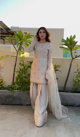 Off White Premium Embroidered Natural Satin Top with Farshi Plazzo & Organza Dupatt ClothsVilla