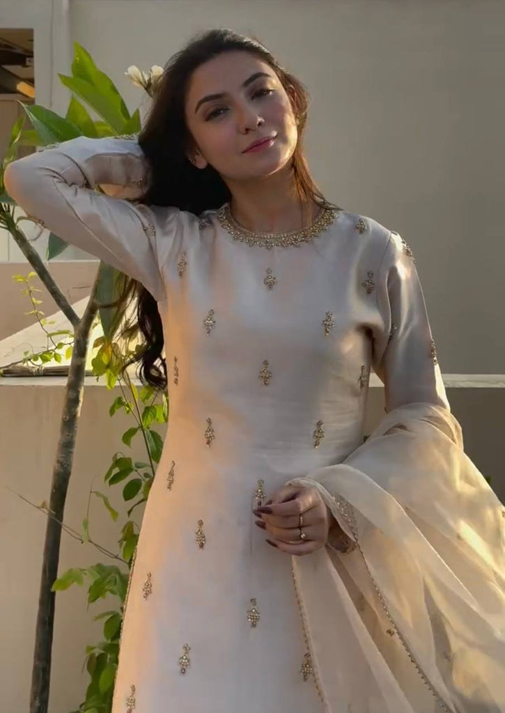 Off White Premium Embroidered Natural Satin Top with Farshi Plazzo & Organza Dupatt ClothsVilla