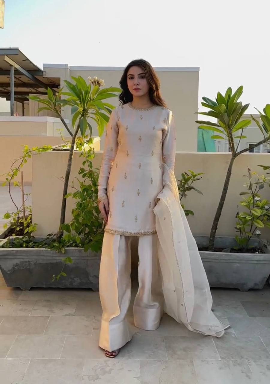 Off White Premium Embroidered Natural Satin Top with Farshi Plazzo & Organza Dupatt ClothsVilla