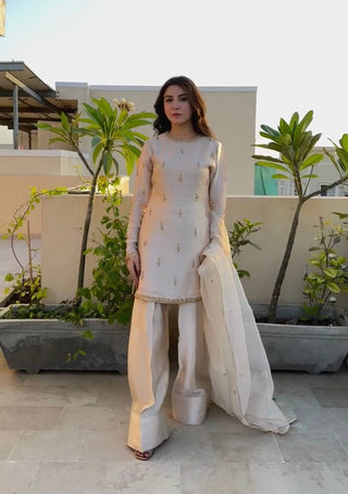 Off White Premium Embroidered Natural Satin Top with Farshi Plazzo & Organza Dupatt ClothsVilla