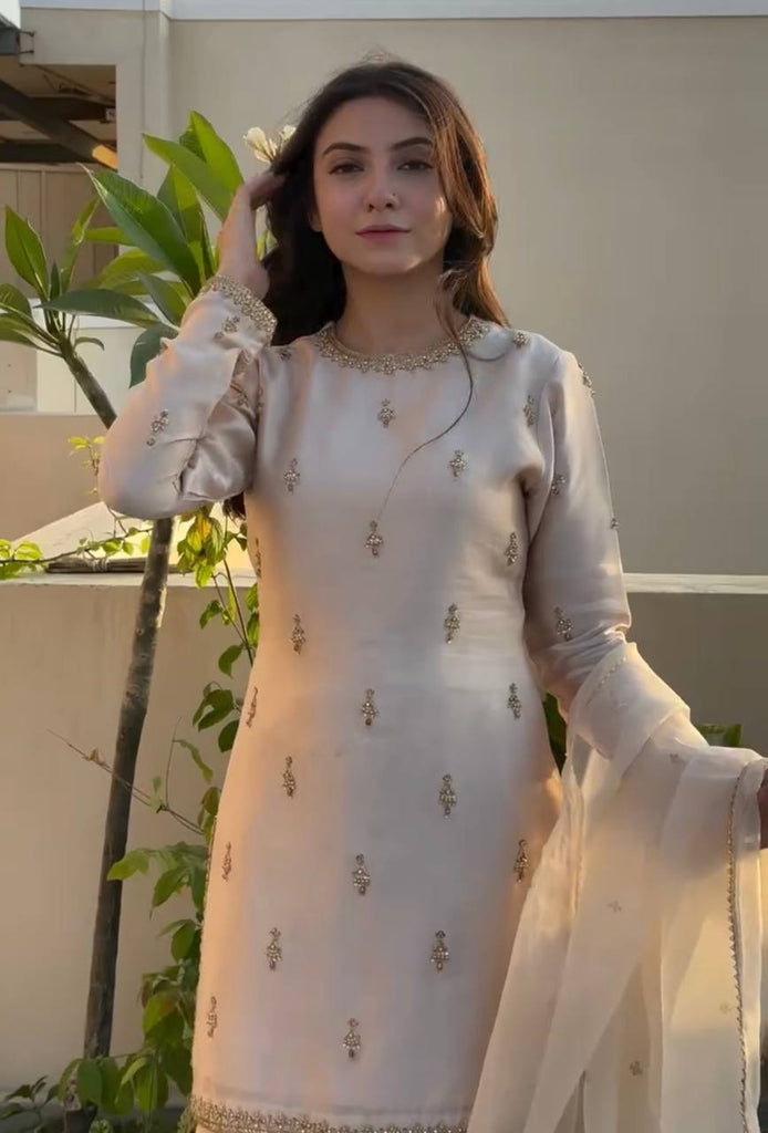 Off White Premium Embroidered Natural Satin Top with Farshi Plazzo & Organza Dupatt ClothsVilla