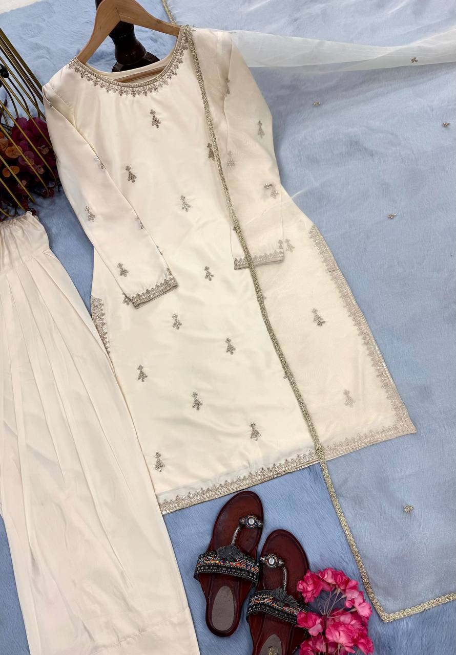 Off White Premium Embroidered Natural Satin Top with Farshi Plazzo & Organza Dupatt ClothsVilla