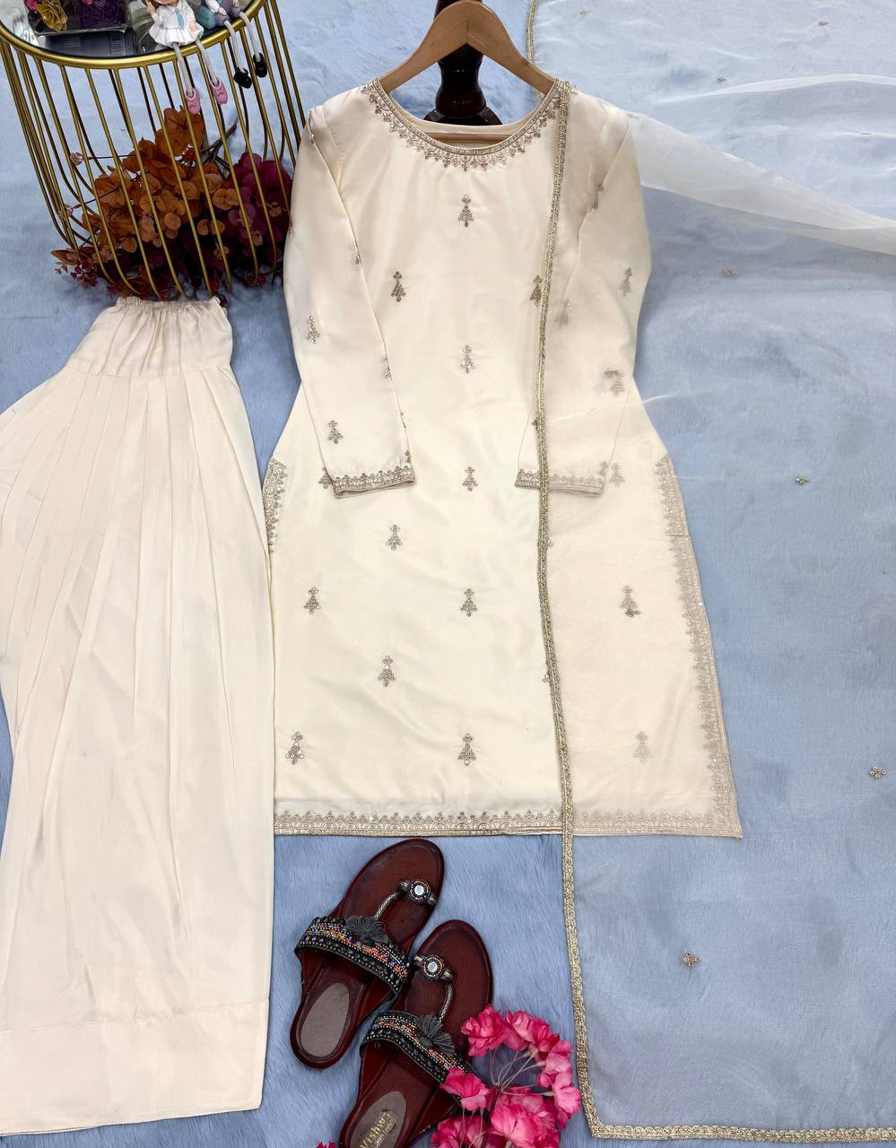 Off White Premium Embroidered Natural Satin Top with Farshi Plazzo & Organza Dupatt ClothsVilla